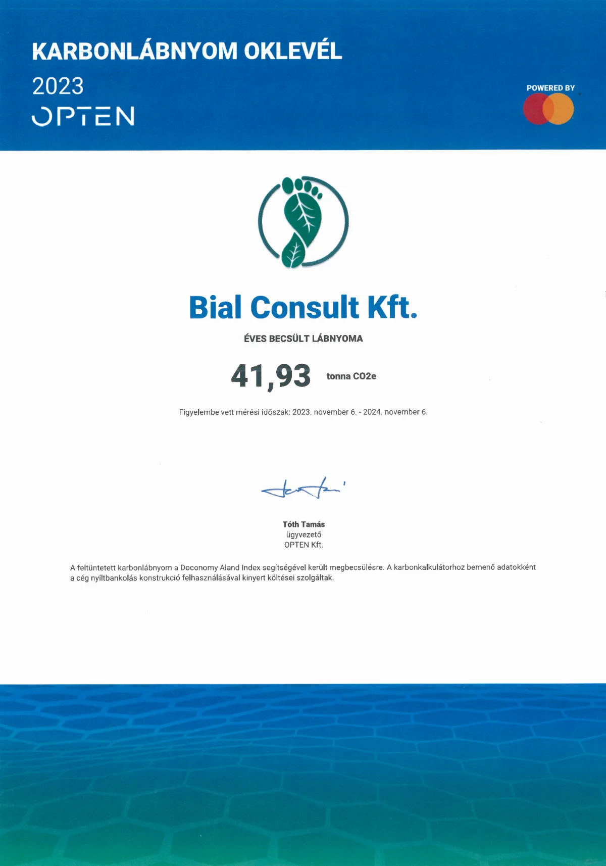 Carbon footprint certificate 2023 — Bial Consult Kft., estimated annual footprint: 41.93 tonnes CO2e (OPTEN)